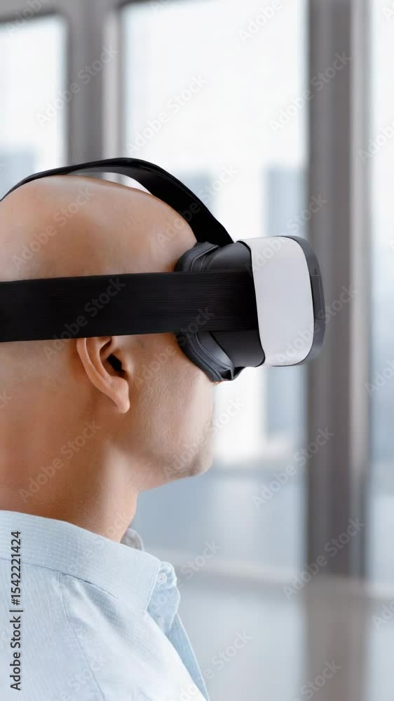 Poster man using virtual reality headset to analyze stock market data in modern office setting