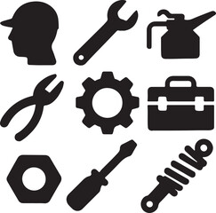 Mechanic and automotive service icon set. Containing mechanic avatar, gear with wrench, screwdriver, oil drop, battery, overalls, and toolbox symbols. Garage and vehicle repair silhouettes. Solid icon