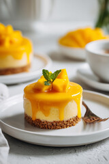 Mango Cheesecake with Glossy Mango Glaze and Slices on Minimal White Plate