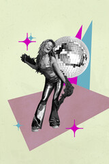 Banner 3d image pop vertical collage of happy girl guy dance weekend celebration event disco ball retro occasion chill relax
