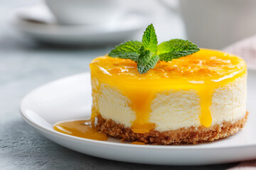 Mango Cheesecake with Glossy Mango Glaze and Slices on Minimal White Plate