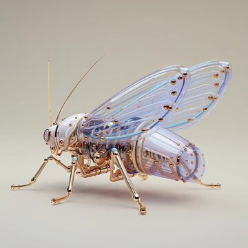 Highly detailed 3D render clip of a mechanical insect resembling a grasshopper, featuring transparent wings and gold metallic components footage 