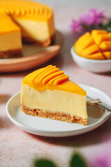 Mango Cheesecake with Glossy Mango Glaze and Slices on Minimal White Plate