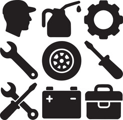 Mechanic and automotive service icon set. Containing mechanic avatar, gear with wrench, screwdriver, oil drop, battery, overalls, and toolbox symbols. Garage and vehicle repair silhouettes. Solid icon