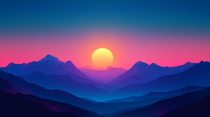 Fototapeta premium Colorful sunset with sun silhouette over mountain peaks, vector illustration
