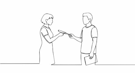 A line drawing depicts two people interacting, one handing the other a pen.