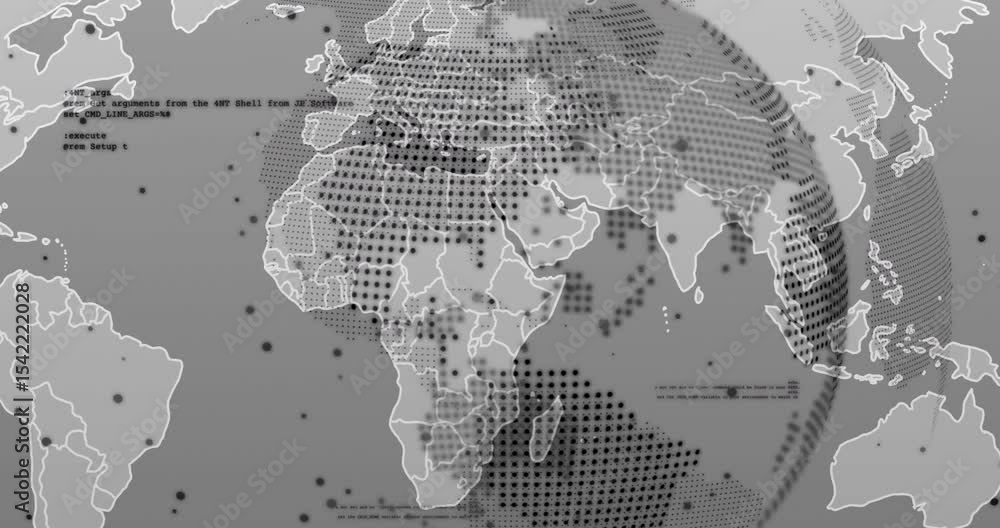 Poster halftone dot ring starting globe rotating tracing continents plus pulsing code overlay showing data