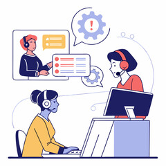 Call center set. Characters using artificial intelligence generative tools for communication. Helpdesk, hotline, customer support service concept. Vector illustration.