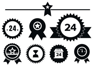 Black and White Badge Icons Featuring Stars, Ribbons, and Time Symbols