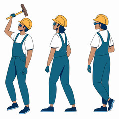Technician worker wearing overall uniform, protective goggle holding hammer tool. Character for animation. Front, side and back view set. Body parts, postures, poses collection. Vector illustration