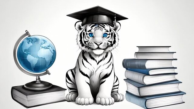 Cute white tiger wearing graduation cap sits beside globe and stack of books, symbolizing education and knowledge in a playful illustration
