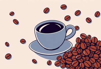 Abstract coffee bean and cup pattern background Modern one-line style vector illustration,  graphic,  aroma