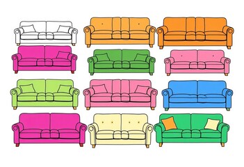 Clean line art illustration of various sofa and couch styles; isolated on white ,  room,  minimalist