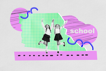 Poster sketch image artwork 3D photo collage of sticker two friends girl smile jump school class...