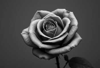 A solitary rose, exquisitely rendered in monochrome, showcasing intricate petal textures and veined leaves,  black and white,  contrast