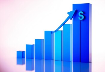 Abstract blue graph bar chart shows financial growth with upward arrow and dollar sign,  trading,  uptrend