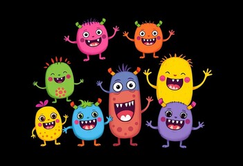 Cheerful tiny doodle monsters, colorful, hand-drawn, vector illustrations, isolated on black,  sweet,  illustration