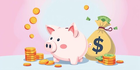 A whimsical illustration of a piggy bank, money bag, coins, and bills, representing financial themes,  bills,  design
