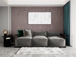 Mock up of creative living room with modern comfortable sofa and trendy decorative background, 3D rendering.