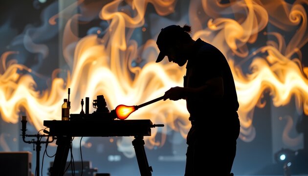 silhouette of a glassblower in action with faint heat waves in the background