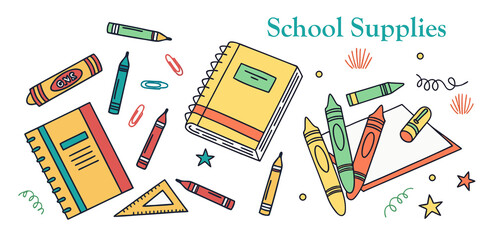 Vector doodle of essential school supplies including notebooks, crayons, pencils, ruler, paper clips. Educational materials, stationery design, back-to-school promotions, teacher resources, and kids&rsquo; 