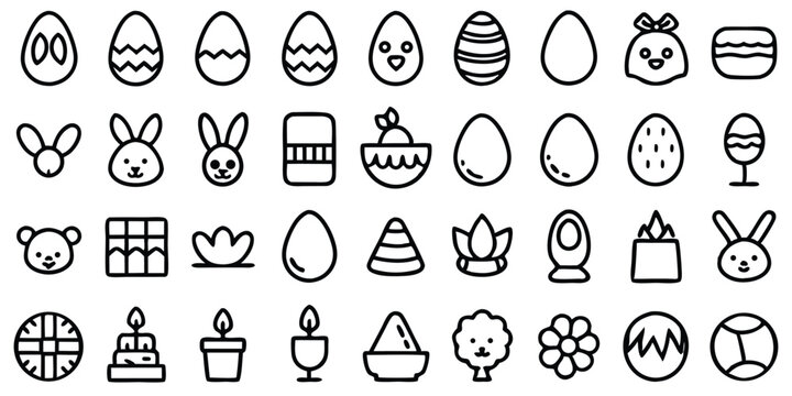 Collection of easter holiday themed outline icons and graphics on white background