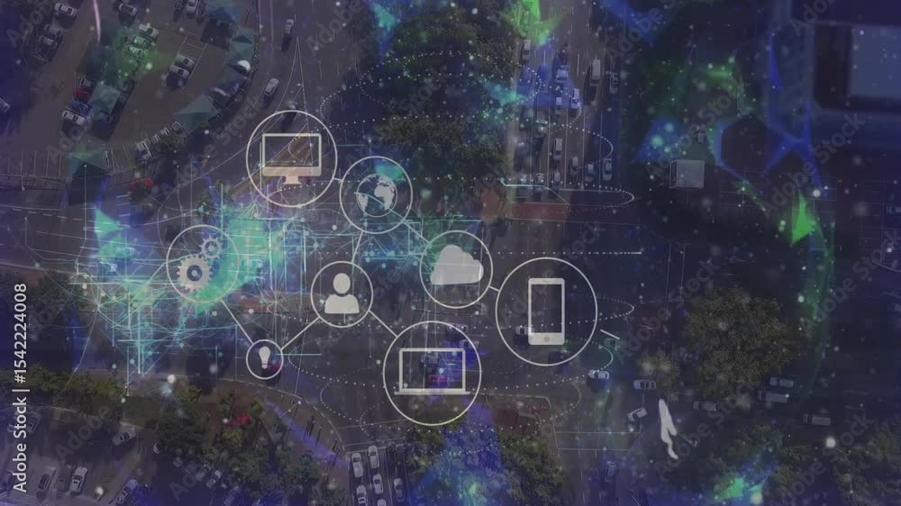 Poster cloud icon emerging sparking network of ten icons above parking lot visualizing cloud connectivity