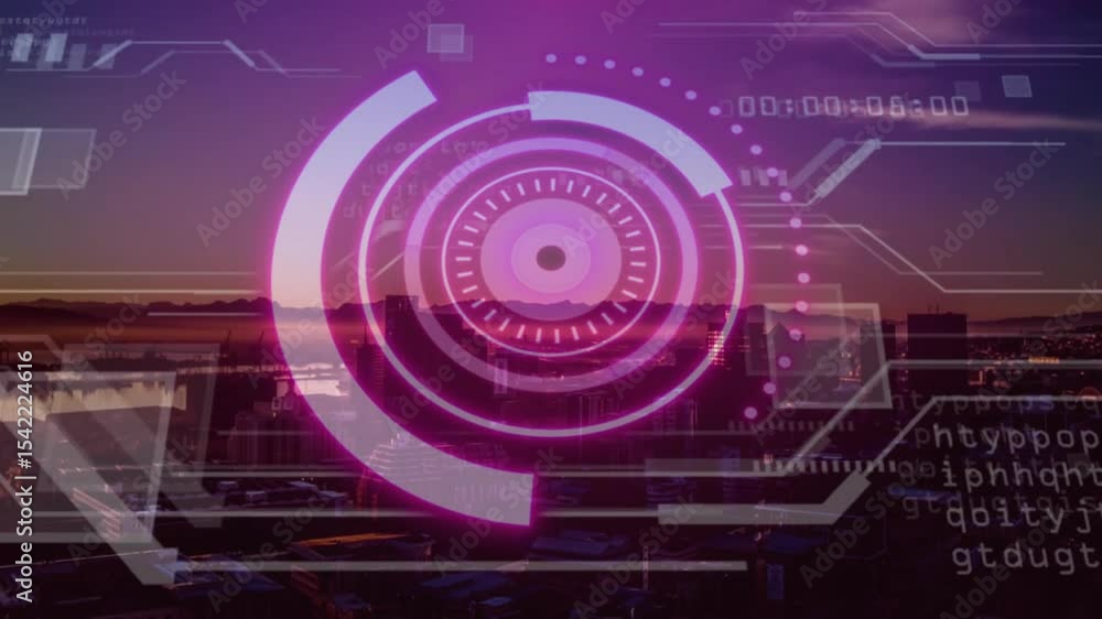 Poster starting with static city skyline at dusk, pink hud rings fading in arcs expanding visualizing data