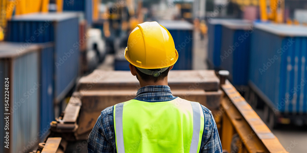 Poster worker in yellow hard hat overseeing cargo operations generative ai