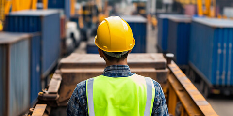 Worker in yellow hard hat overseeing cargo operations Generative AI