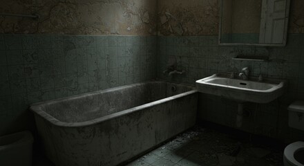 Old abandoned house interior featuring a dilapidated bathroom with a vintage bathtub, sink, and peeling wall tiles