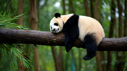 Obraz premium Adorable Panda Bear Resting on a Tree Branch in Lush Green Forest