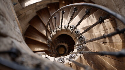 A top-down view of an elegant spiral staircase made of dark wood and wrought iron, the steps winding tightly in a perfect circle.