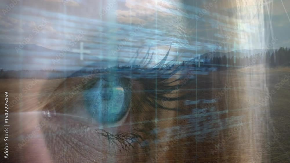 Poster opening grassy plain initiating merging with female eye while code overlay intensifying for ui demo