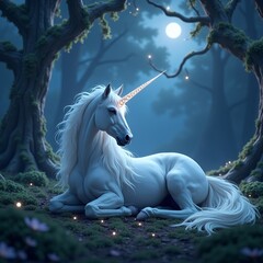 Majestic Unicorn Resting in Enchanting Moonlight Forest