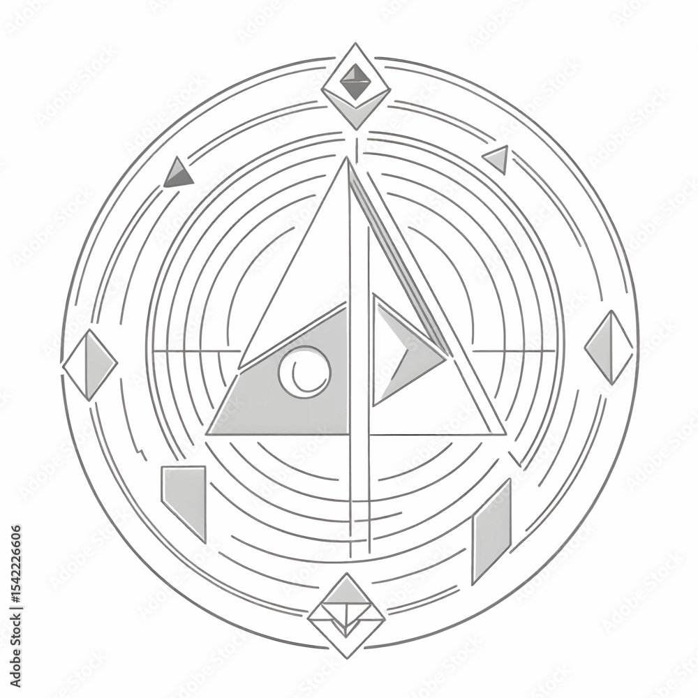 Poster intricate gray geometric emblem concentric circles triangles diamonds rectangles arranged on a white