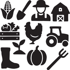 Farming and agriculture icon set. Containing farmer, tractor, corn, barn, pitchfork and shovel, hay bale, and cow. Rural life and organic farming silhouettes. Solid icon collection.