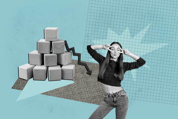 Exclusive creative collage of happy inexperienced businessman businesswoman stand wooden cube arrow...