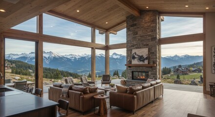 Luxury hotel living room with fireplace, expansive sea view from a large window, and modern interior design
