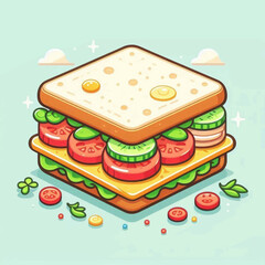 Isometric sandwich with bread tomatoes cucumbers cheese lettuce on a light blue background
