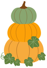 Stacked Pumpkins Illustration.
Three-layer pumpkin outline flat vector design.
Hand drawn Autumn harvest pumpkin and leaves.
Farm fresh pumpkin.
Transparent background. SVG file.