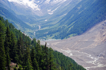 Aerial view of rockfall with gravel and Lonza River at Lötschental Valley in the Swiss Alps...