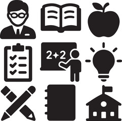 Online education icon set. Containing teacher avatar, school blackboard, apple, and textbook symbols. E-learning and digital education icons. Solid icon collection.