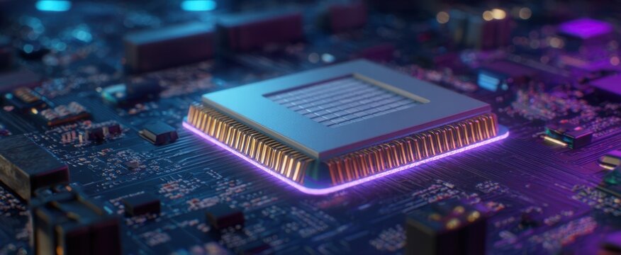 The vibrant microprocessor illuminating a complex circuit board in futuristic design.