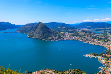 Scenic view of lake Lugano from Monte Bre mountain in Ticino canton, Switzerland