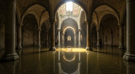 Interior of St John the Baptist's Church: a historic European Gothic cathedral's ancient stone arches and columns bathed in light