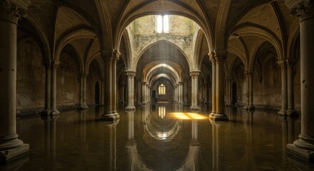 Interior of St John the Baptist's Church: a historic European Gothic cathedral's ancient stone arches and columns bathed in light