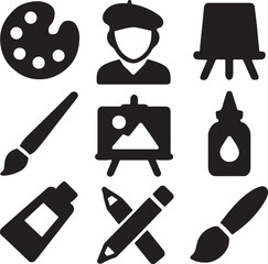 Art and painting icon set. Containing artist head silhouette, easel, paint palette with color blobs, and paintbrush symbols. Creative expression and fine arts silhouettes. Solid icon collection.