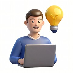 Happy 3d man working on laptop with idea bulb