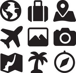 Travel and navigation icon set. Containing suitcase, airplane, globe, and location map symbols. Tourism, vacation, and global mobility silhouettes. Solid icon collection.